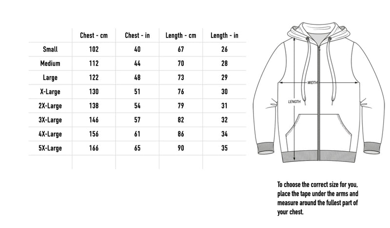 Size chart for Hate Uber Alles Zip Hoodie - Black